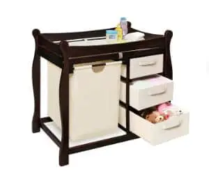 Badger Basket Sleigh Style Baby Changing Table with Laundry Hamper and 3 Storage Baskets-min